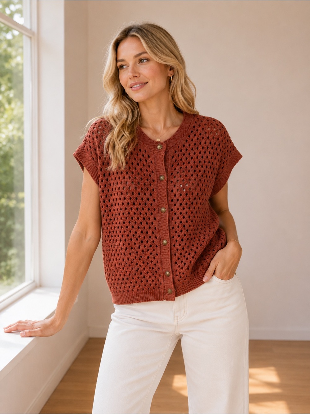 LOFT Rust Open-Knit Button Front Sweater Vest